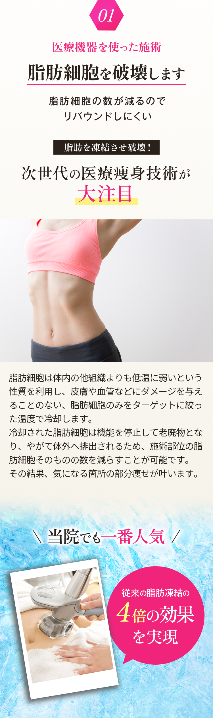 01 医療機器を使った施術 脂肪細胞を破綻します 脂肪細胞の数が減るのでリバウンドしにくい