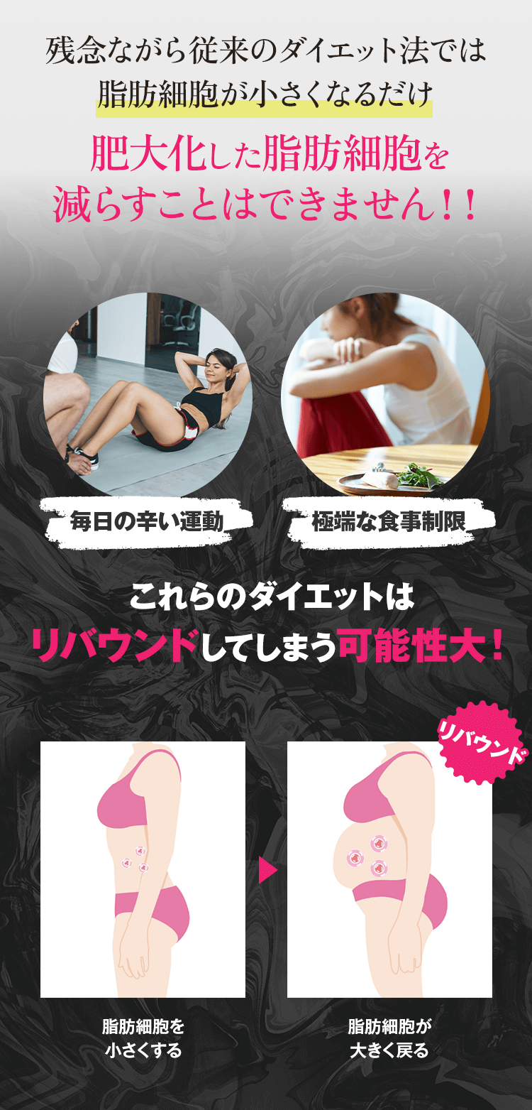 残念ながら従来のダイエット法では脂肪細胞が小さくなるだけ肥大化した脂肪細胞を減らすことはできません!!