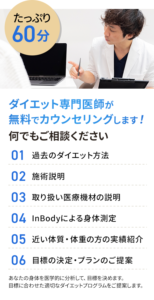 ダイエット専門医師が無料でカウンセリングします！たっぷり60分