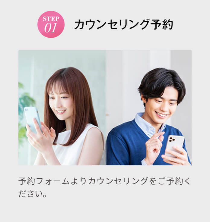 STEP1　カウンセリング予約　　予約フォームよりカウンセリングをご予約ください。