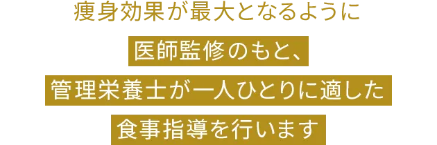 痩身効果が最大となるように医師監修のもと、管理栄養士が一人ひとりに適した食事指導を行います